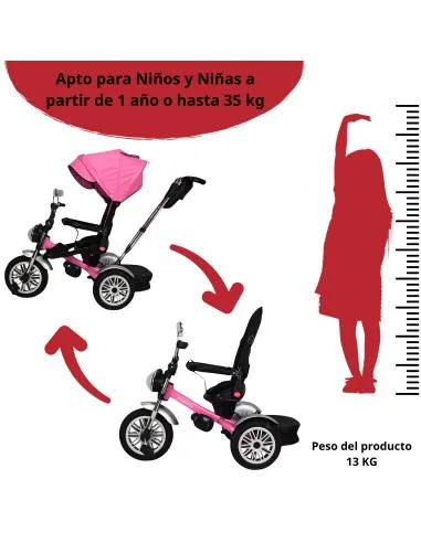Triciclo para Niños Asiento Reclinable Giratorio 360 Luz y Sonido Llantas de Goma | Joykoo Tienda Oficial