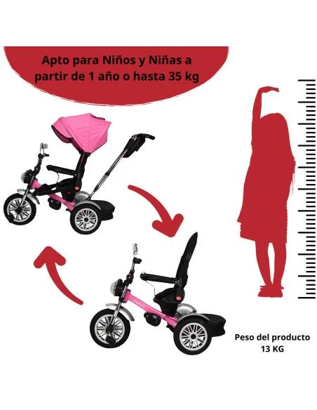 Triciclo para Niños Asiento Reclinable Giratorio 360 Luz y Sonido Llantas de Goma | Joykoo Tienda Oficial