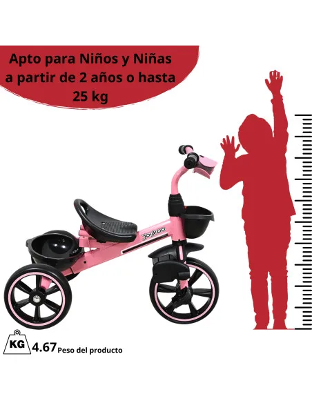 Triciclo para Niños con Bastón Torreta con Luz y Sonido Pedales Desmontables Posapiés Plegables Apto desde 2 años o hasta 25 kg | Joykoo Tienda Oficial