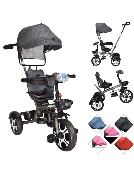 Triciclo Evolutivo para Niños Giratorio 360 con Luz y Sonido Ruedas de Eva Toldo y Bastón de Empuje Joykoo - 1 2