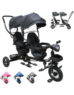 Triciclo Doble para Niños Asiento Giratorio Gemelar Luz Sonido Cinturón de Seguridad Llantas de Goma Apto a partir de 1 Año Joyk