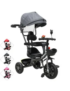 Triciclo Infantil con Toldo Protector y Bastón Dirigible Asiento Acolchado Barras de Seguridad Timbre para Niños 2 Años Joykoo -