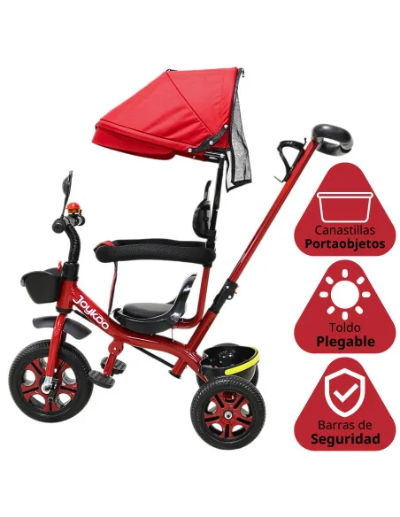 Triciclo Infantil con Toldo Protector y Bastón Dirigible Asiento Acolchado Barras de Seguridad Timbre para Niños 2 Años | Joykoo Tienda Oficial