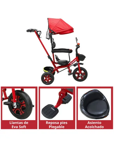 Triciclo Infantil con Toldo Protector y Bastón Dirigible Asiento Acolchado Barras de Seguridad Timbre para Niños 2 Años | Joykoo Tienda Oficial