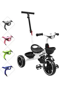 Triciclo para Niños con Bastón Torreta con Luz y Sonido Pedales Desmontables Posapiés Plegables Apto desde 2 años o hasta 25 kg 
