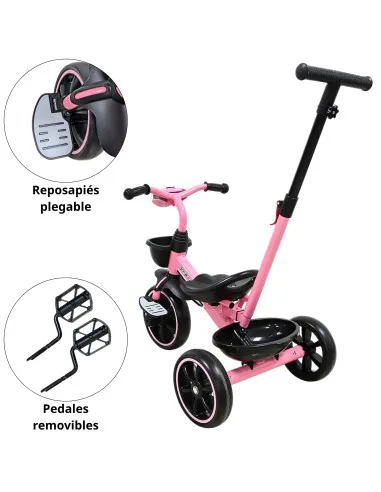 Triciclo para Niños con Bastón Torreta con Luz y Sonido Pedales Desmontables Posapiés Plegables Apto desde 2 años o hasta 25 kg | Joykoo Tienda Oficial