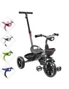 Triciclo para Niños con Bastón Torreta con Luz y Sonido Pedales Desmontables Posapiés Plegables Apto desde 2 años o hasta 25 kg 