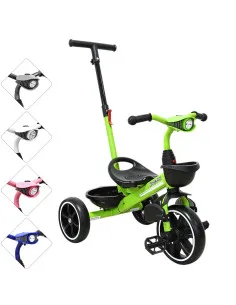 Triciclo para Niños con Bastón Torreta con Luz y Sonido Pedales Desmontables Posapiés Plegables Apto desde 2 años o hasta 25 kg 