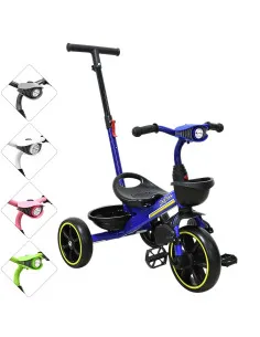 Triciclo para Niños con Bastón Torreta con Luz y Sonido Pedales Desmontables Posapiés Plegables Apto desde 2 años o hasta 25 kg 