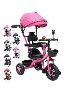 Triciclo Infantil con Toldo Protector y Bastón Dirigible Asiento Acolchado Barras de Seguridad Timbre para Niños 2 Años Joykoo -