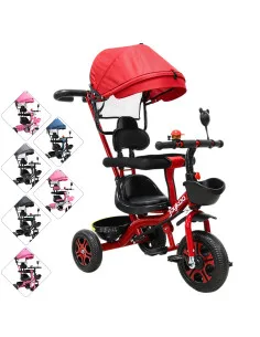 Triciclo Infantil con Toldo Protector y Bastón Dirigible Asiento Acolchado Barras de Seguridad Timbre para Niños 2 Años Joykoo - 2