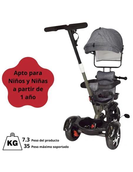 Triciclo Evolutivo para Niños Giratorio 360 con Luz y Sonido Ruedas de Eva Toldo y Bastón de Empuje | Joykoo Tienda Oficial